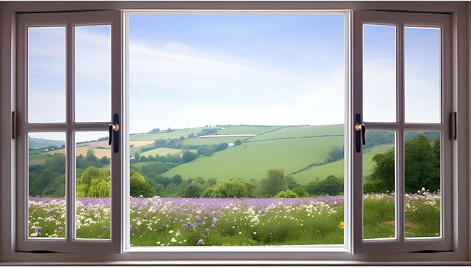 Window Scenery Photography Backdrop Open Window with View of Meadows and Fields Background Plants Flowers Background Party Banner Wall Decor Baby Kids Family Photo Shoot Props 15x8ft