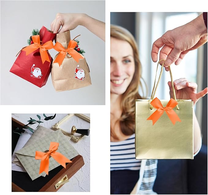 50 Counts Orange Twist Tie Bows 3.1" Pre-Tied Satin Ribbon Bow Decor Mini Twist Tie Bows for Gift Wrapping Treat Bags Cake Bridal Baby Shower Birthday Party Favors Wedding Decorations