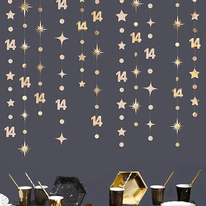Champagne Gold 14th Birthday Decorations Number 14 Circle Dot Star Garland Streamer Banner Backdrop for Girls Boys Cheers to 14 Years Old Birthday Happy 14th Anniversary Party Supplies