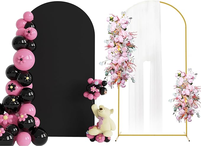 Putros 7.2ft Metal Arch Stand with Cover Black Spandex Fitted Wedding Arch Cover and Round Top Chiara Backdrop Stand Set for Birthday Party Baby Shower Decoration