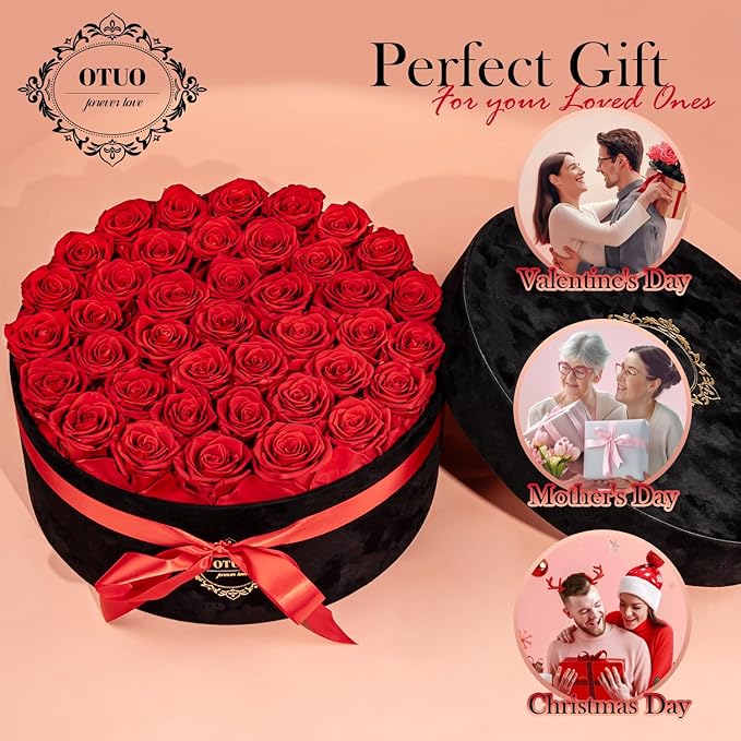 40 Real Preserved Roses in Suede Box Forever Roses Last Up to 3 Years, Flowers for Delivery Prime, Mother’s Day, Birthday, Christmas - Red