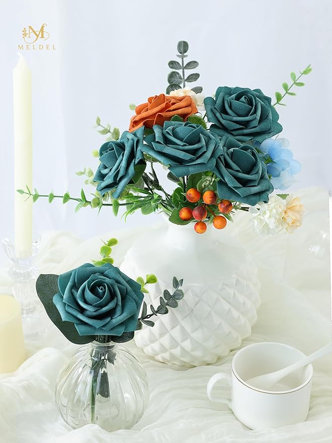 Meldel Artificial Flower 25pcs Real Touch Peacock Green Fake Foam Roses with Stems for DIY Wedding Bouquets Gifts Bridal Shower Faux Floral Centerpieces Arrangements Home Party Tables Decorations