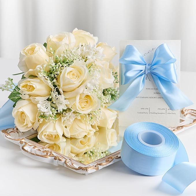 1-1/2 Inches 50 Yards Sky Blue Satin Ribbon, Solid Fabric Ribbon Roll for Flower Bouquets, Gift Wrapping, Wedding, Handmade Crafts