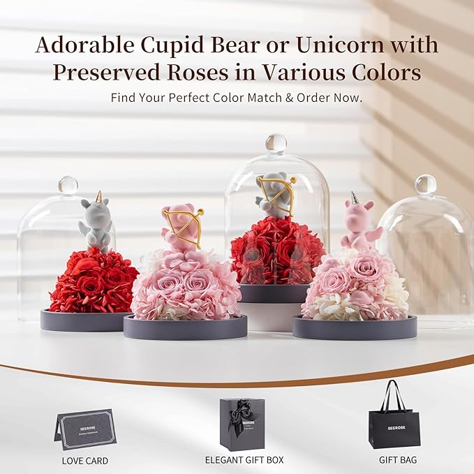 SEEROSE Preserved Rose with Cupid Bear in Glass Dome, Eternal Real Rose Romantic Gift for Her, Women, Mom, Wife, Girlfriend, Valentine’s Day, Mother’s Day, Christmas, Birthday (Cupid Bear, Pink)