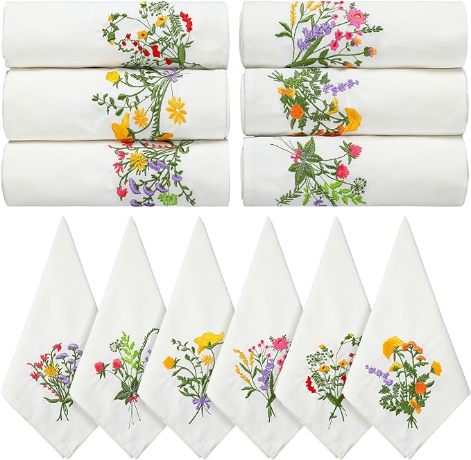 Tioncy 24 Pcs Christmas Floral Cloth Napkins Decorations Bulk Embroidered Wildflower Dinner Napkins Tea Cocktail Party Gifts Xmas Stocking Stuffers for Holiday Table Decor (White)