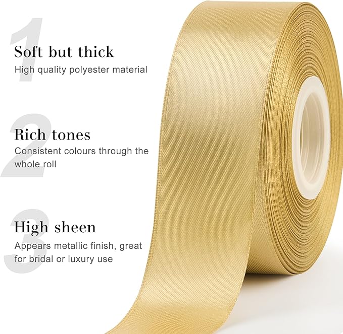 1-1/2 Inches 50 Yards Champaign Gold Satin Ribbon, Solid Fabric Ribbon Roll for Flower Bouquets, Gift Wrapping, Wedding, Handmade Crafts
