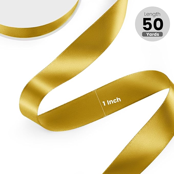 1" x 50 Yards Satin Ribbon - Gold Silk Ribbon with Spool - Ideal for Gift Wrapping, Floral Bouquets, Crafts, Wedding Party Decorations, Christmas and Sewing Projects