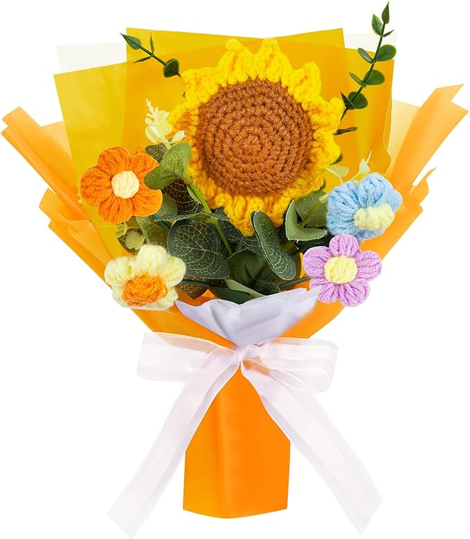 Crochet Flowers Bouquet, Handmade Crochet Sunflower No Maintenance Flower Bouquet for Teacher's Day Mother's Day, Birthday, Wedding, Home Decor(Medium-Orange Sunflower)