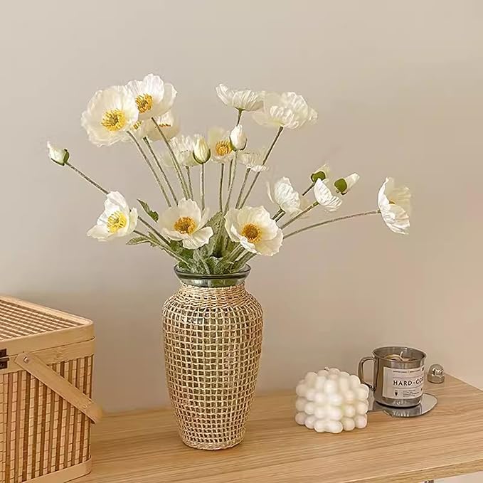 2 Pcs Artificial Fake Flowers Plants Poppies Silk Flower Arrangements Wedding Bouquets Decorations Plastic Floral Table Centerpieces for Home Kitchen Garden Party Decor Approx 23.6" High - White