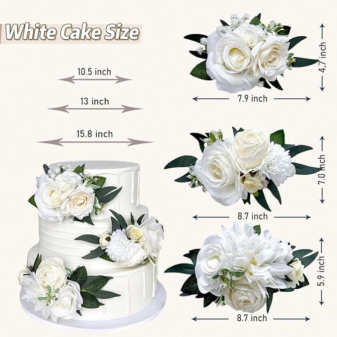 3PCS Ivory White Silk Flowers for Cakes Decorations Artificial Rose Peony Butterfly Wedding Cake Toppers Decorating Fake Floral Anniversary Birthday Party Arrangements Table Centerpieces Pre-Made