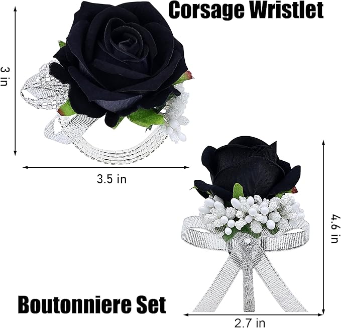 2Pcs Rose Black Corsage and Boutonniere Set, Artificial Wrist Corsage Wristlet Bracelets, Men Boutonniere for Wedding Anniversary Party Homecoming Flowers Accessories Prom Decor