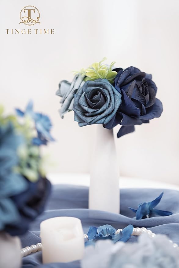 TINGE TIME Artificial Flowers Navy Blue Flower Combo for DIY Wedding Bouquets Table Centerpieces Arrangements Party Baby Shower Home Decorations
