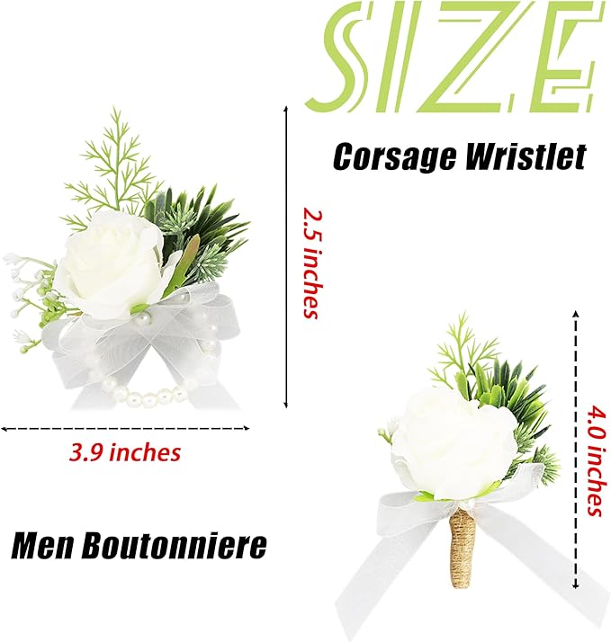 SITUMEIZI Ivory Rose Wrist Corsage and Boutonniere Set Corsage Wristlet Band Bracelet for Prom Decor Boutonniere for Men Wedding White Flowers Accessories Party Suit Decoration