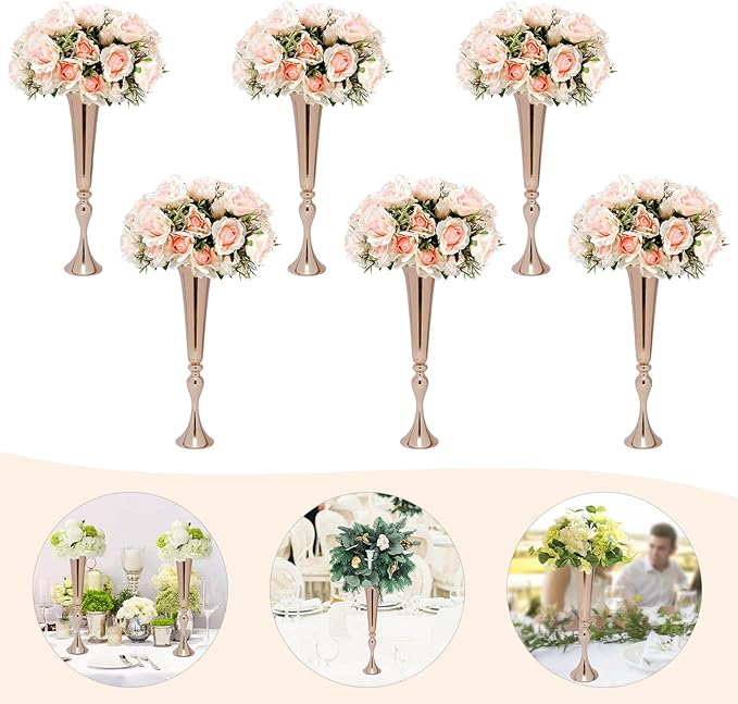 6 PcsTall Gold Trumpet Wedding Flower Vases, 22'' Metal Versatile Centerpieces, Tabletop Flower Stand for Wedding Anniversary Birthday Party Decorations Home Event Decor