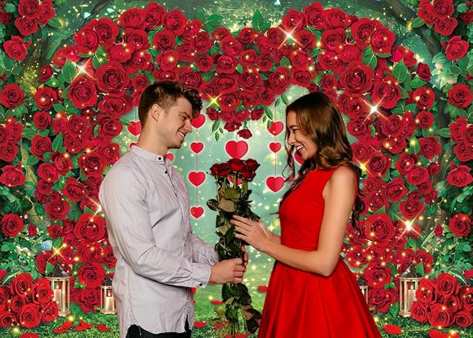 Valentine's Day Backdrop Red Rose Love Heart Garden Photography Background Floral Wedding Bridal Shower Birthday Party Decorations Photo Banner Props (82x59inch(7x5FT))