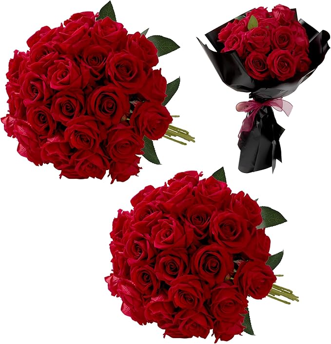 Red Roses Artificial Flowers Bulk, 32Pcs Fake Roses Artificial Velvet Roses with Stems, DIY Silk Flowers Roses Bouquet, Realistic Faux Artificial Roses for Mother's Day Home Table Decor