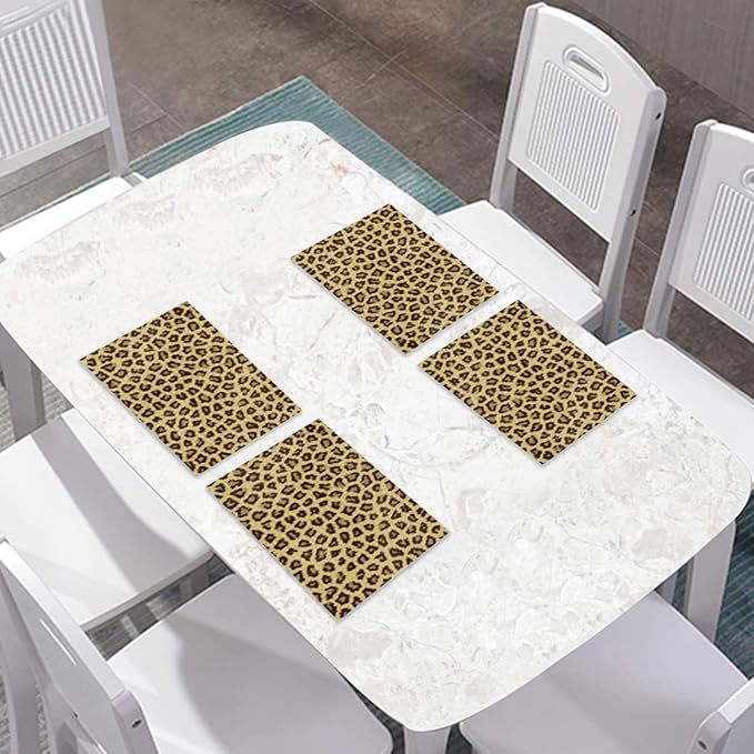 Placemats Set of 4 Waterproof Oilproof Table Mats Leopard Print Pattern Washable Wipeable Heat Resistant Easy to Clean for Indoor Outdoor Party Kitchen Dining Table Decoration 12 * 18in