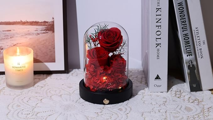Forever Christmas Flowers for Delivery, Preserved Rose in Glass Dome with LED.Red Eternal Flowers Gifts for Women Wife Mom on Mothers Day, Valentines Day, Anniverysary, Birthday