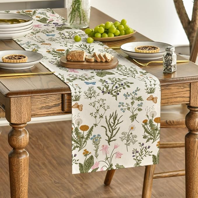 Artoid Mode Wildflowers Floral Spring Table Runner, Butterfly Seasonal Summer Kitchen Dining Table Decoration for Home Party Decor 13x48 Inch
