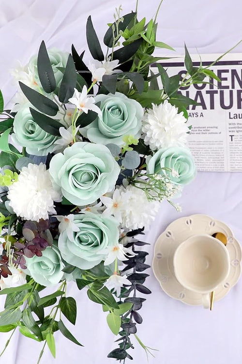 12pcs Roses Artificial Flowers Real Touch Fake Flowers with Long Stems Silk Flowers for Wedding Bouquet Centerpices Decorations Party Bridal Baby Shower Home Decor (Sage Green)