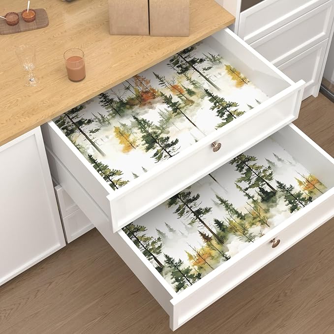 Autumn Forest Wallpaper Peel and Stick, Green/Yellow Pine Trees Contact Paper,Woodland Landscape Wall Mural Self Adhesive Waterproof Removable for Bathroom Shelves Cabinet Drawer Table 17.5" x 118"