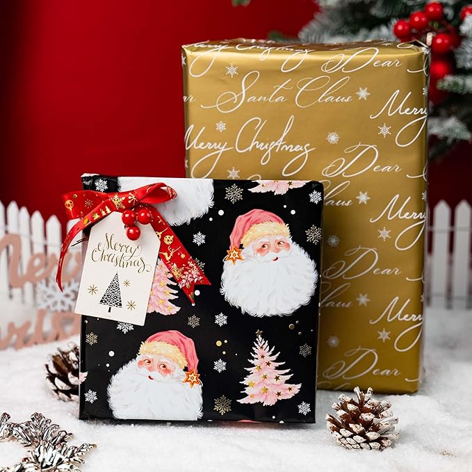 MAYPLUSS Christmas Wrapping Paper Roll - 17IN X 33FT - Black Gift Wrap Paper Featuring Santa Claus Snowflake Christmas Tree Reversible Gold for Kids, Holiday, New Year