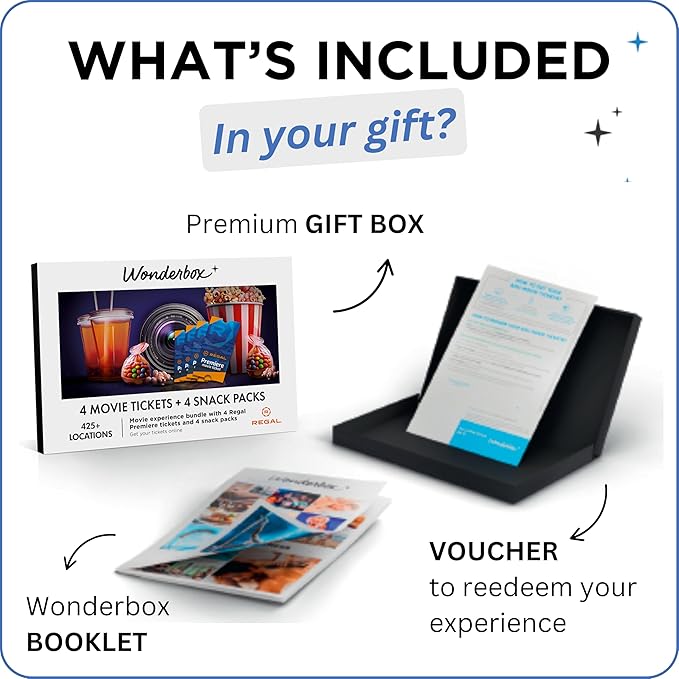 Wonderbox Regal Movie Gift Box, 4 Tickets & 4 Snack Packs Movie Night Experience for 2, Valid at 425 Locations