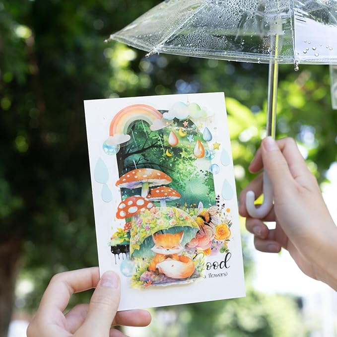 Rain Shelter Animals PET Stickers – 90PCS Whimsical Stickers with Watercolor Animal Designs for Scrapbook, Journal, DIY Crafts, Waterproof