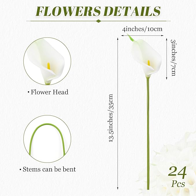 24 Pcs White Artificial Flowers Fake White Calla Lily Silk Flower Real Touch for Wedding Office Home Kitchen Decor