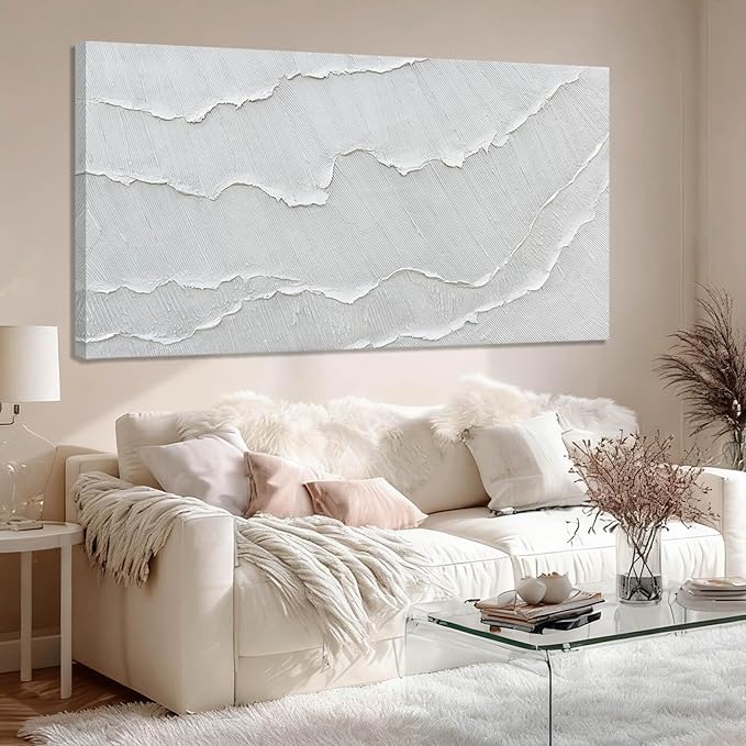 WINKAILIN White Abstract Textured Wall Art Modern 24x48 inch Canvas Ocean Wave Artwork Minimalist Hand-drawn Painting Contemporary White Posters Print for Living Room Bedroom Office Décor