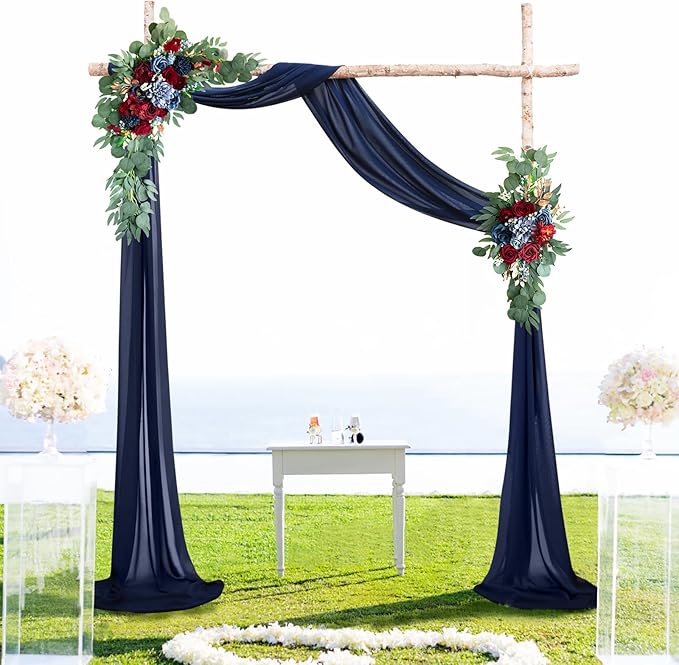 ponatia Artificial Navy Blue Wedding Arch Flowers Kit, Burgundy Flowers with 26Ft Navy Blue Arch Draping Fabric, Flowers for Wedding Arch Ceremony Reception Backdrop Decoration