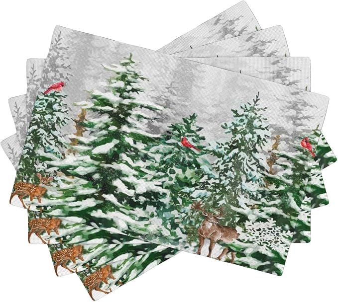 Winter Snowy Forest Placemats Christmas Pine Tree Snowflake Holiday Bath Rustic Christmas Tree Placemats Table Kitchen Dining Party 12x18 Inch Set of 4