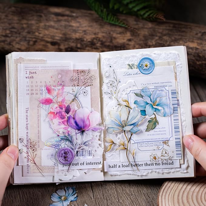 TIAMECH Flowers Stamp PET Stickers - 150 Pcs Vintage Dream Talk & Beauty Snow Floral Design, Waterproof Sticker for Journaling & Scrapbooking, Junk Journal Supplies, Ephemera & DIY Crafts