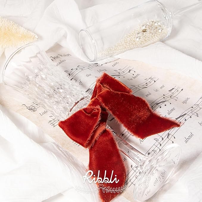 Ribbli Rust Red Velvet Ribbon 1.5 Inch Handmade Frayed Vintage Christmas Ribbon for Gift Wrapping Christmas Tree Ornament Wreath Craft Home Decor -3 Yards