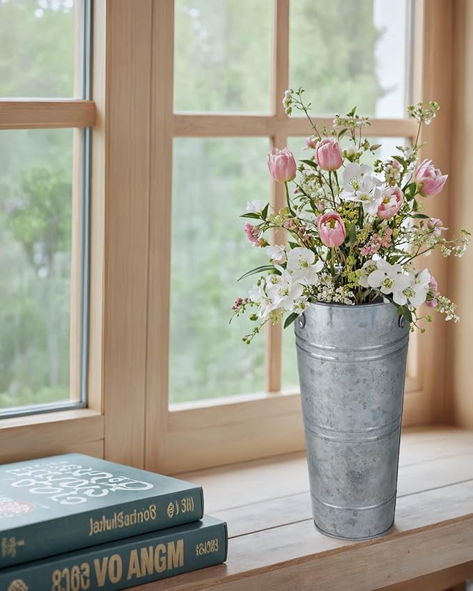 9 Inch Galvanized Metal Vases for Flowers - 2 Pcs Farmhouse Decorative Tall Flower Bucket with Handles, Rustic French Tin Planter Buckets for Wedding Decor (Silver)