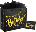 ASYEHJNR 13" Large Size Black Gold Birthday Gift Bag Twinkle Star with Metallic Gold Happy Birthday Sign Gift Bag with Greeting Card and Tissue Paper for Girls Boy Women Men Bday Supplies
