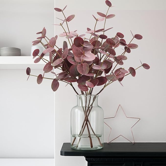 6pcs Real Touch Artificial Eucalyptus Stems Dual-Sided Lifelike Leaves Fake Eucalyptus Plants for Wedding Flower Arrangement Centerpiece Bouquet Home Office Decor(Purple)