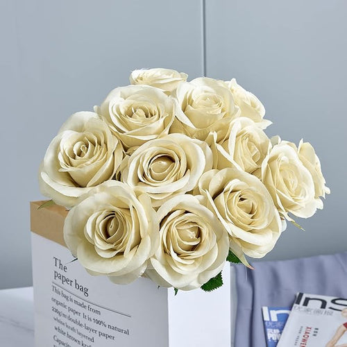 12pcs Roses Artificial Flowers Fake Rose Beige Silk Roses Tan Silk Flowers Rose with Long Stems for Wedding Home Party Centerpieces Decorations