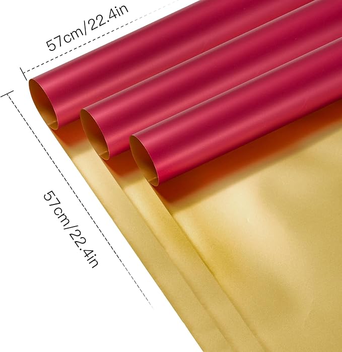 LeZakaa 20 Sheets Christmas Flower Wrapping Paper, Wine Red and Gold Design Waterproof Reversible Floral Bouquet Paper, for Valentines, Mothers Day, Party, Birthday, Wedding, Baby Shower