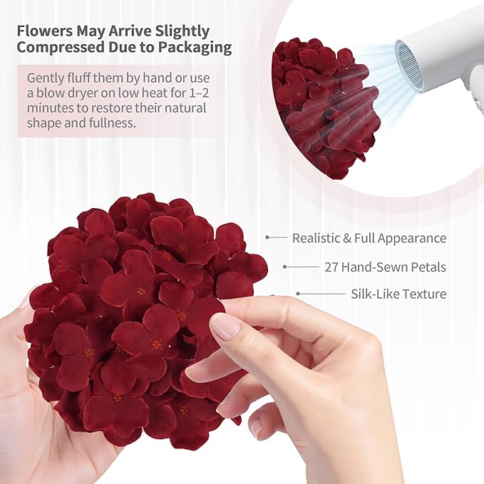 64PCS Artificial Hydrangea Flowers with Stems, Silk Hydrangea Heads with LED Decorative Lights, Crystal Strings & Butterfly Accents for Wedding Centerpieces and Home Decor(64, Burgundy)