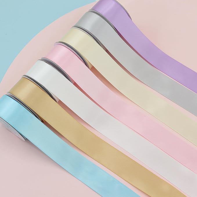 7 Colors Total 35 Yard Satin Ribbon Assortment - 1 Inch Wide 5 Yard/Roll Gentle Light Color Set Double Face Fabric Ribbon - Perfect for Gift Wrapping Crafts Party Wedding Birthday Decoratio