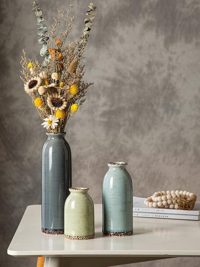 CWLWGO-Ceramic Vase Set of 3, Small Vases for Modern Farmhouse Decoration, Living Room Accents & Dining Table Centerpieces,Idea Bookshelf Décor, Mantel and Entrance Decorations -Multicolor.