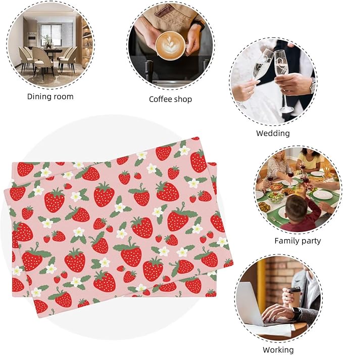 Fruit Linen Placemats Set of 4 Pink Strawberry Placemats for Indoor Outdoor Party Home Desktop Kitchen Dining Room Decor 12x18 Inch