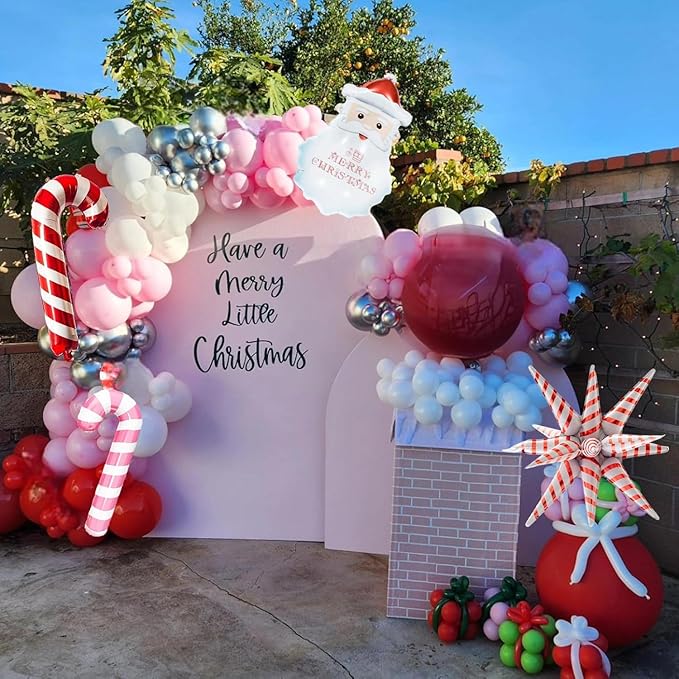 130 Pcs Christmas Balloon Arch Kit, Red Pink White Latex Balloons Garland with Santa Candy Cane Star Foil Mylar Balloon for Xmas Christmas New Year Winter Holiday Baby Shower Birthday Party Decoration