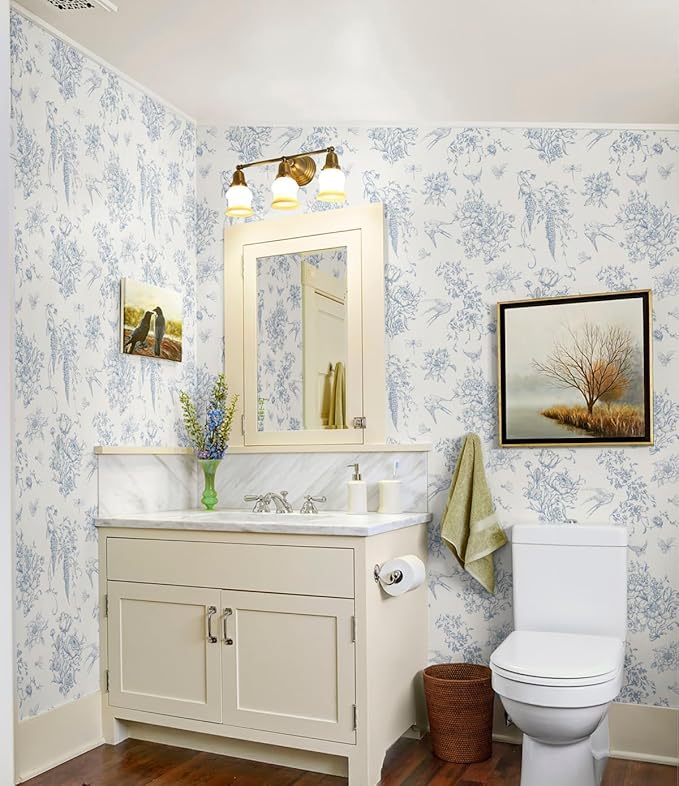 Cream White and Blue Peel and Stick Wallpaper Vintage Floral Contact Paper 16.9"x 196.8" Blue Floral Wallpaper Peel and Stick Birds Self Adhesive Removable Wall Paper for Bedroom Bathroom