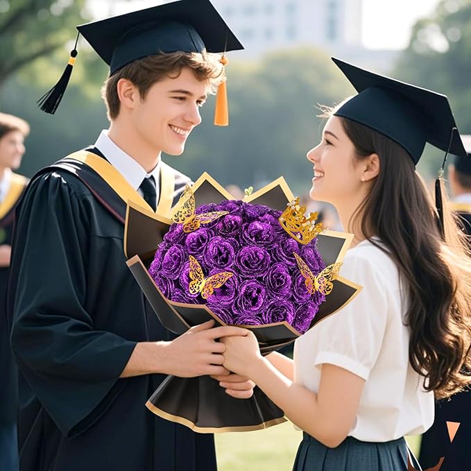 Waipfaru 24 Pcs Glitter Roses Bouquet, DIY Fake Flowers Bouquet, Artificial Purple Rose Bouquet for Valentines, Mothers Day Gifts, Anniversary, Engagement, Wedding