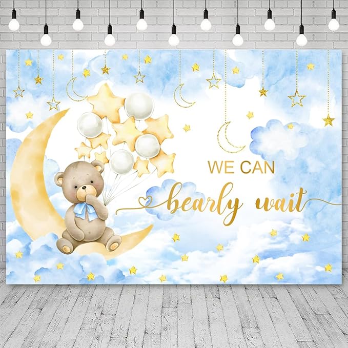 15x8ft Baby Shower Backdrop We Can Bearly Wait Photography Background Bear White Balloons Blue Clouds Moon Stars Cartoon Banner Decorations Birthday Party Newborn Portrait Photo Booth Prop