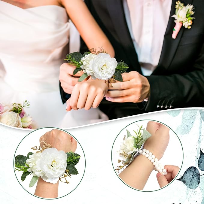 Corsage Wristlet Band Artificial Rose Flowers - Wedding Bridal Flower Corsage Hand Decor (Stretch, 6, Count)
