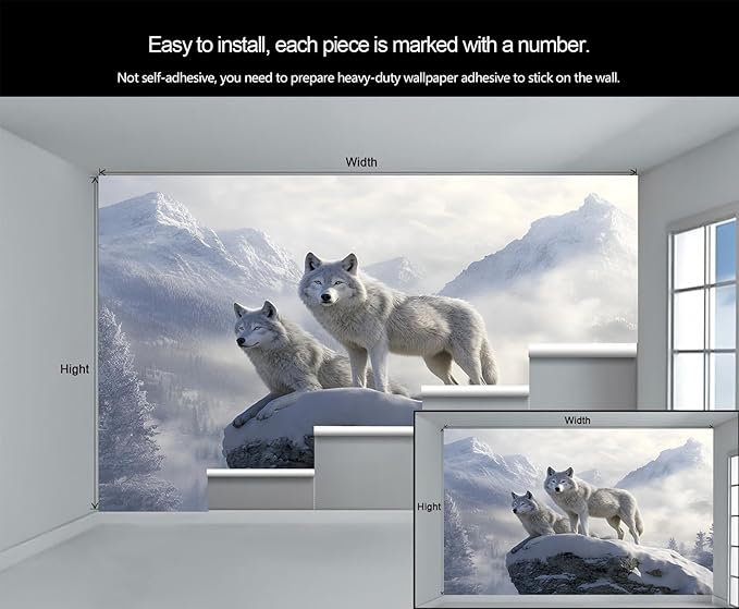 Arctic Wolves Wall Mural, Snow Wolves in Mountain 3D Wall Murals, Winter Wild Animal Wallpaper Mural, for Living Room Bedroom Large Wallpaper Indoor Decor 118" W x 82.6 "H