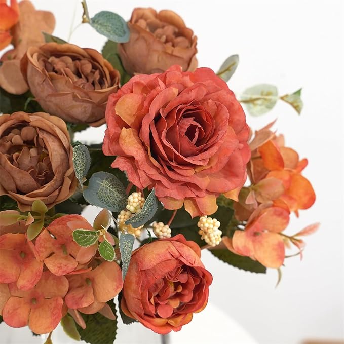 2 Packs Fall Orange Flowers Artificial for Decoration, Fake Peony Silk Rose Flowers Hydrangea Bouquet Fall Floral Arrangement for Table Centerpieces Home Living Room Decor (2, Fall Orange)